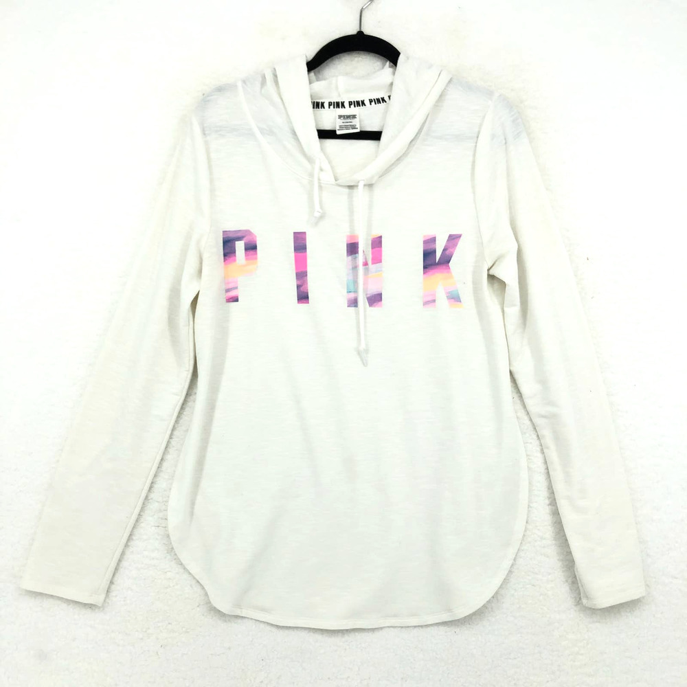 PINK Victoria's Secret Womens M White Pink Pullover Hoodie Sweater Long Sleeve